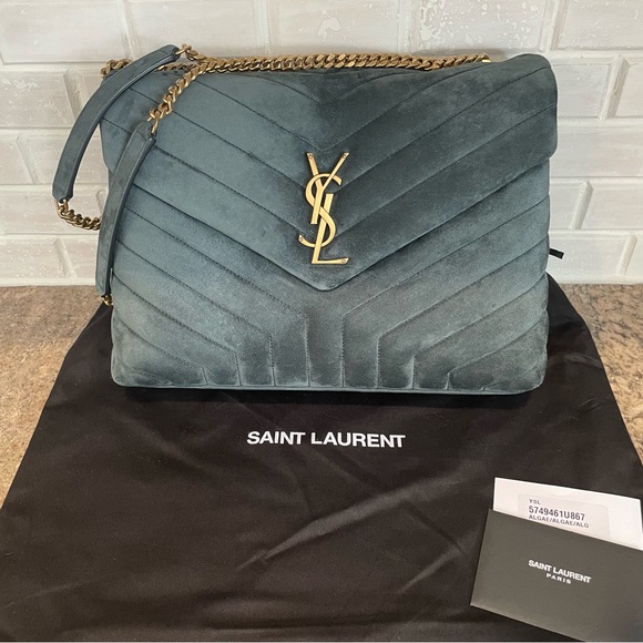Saint Laurent Handbags - Saint Laurent Loulou Medium YSL Monogram Suede Flap Shoulder Bag Algae